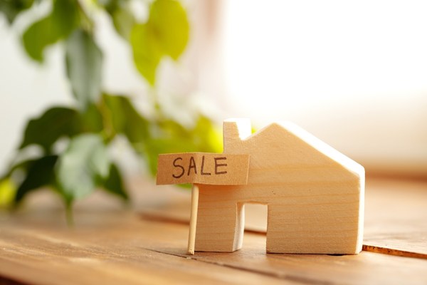 Close up of a wooden house model and for sale sign